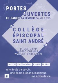 Portes Ouvertes Collège Épiscopal Saint André. Le samedi 4 février 2017 à COLMAR. Haut-Rhin.  09H00